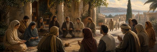 A diverse first-century gathering praying peacefully together in an open courtyard